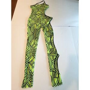 K TOO Neon Lime Green Black Geometric Cut Out One Shoulder Jumpsuit M
